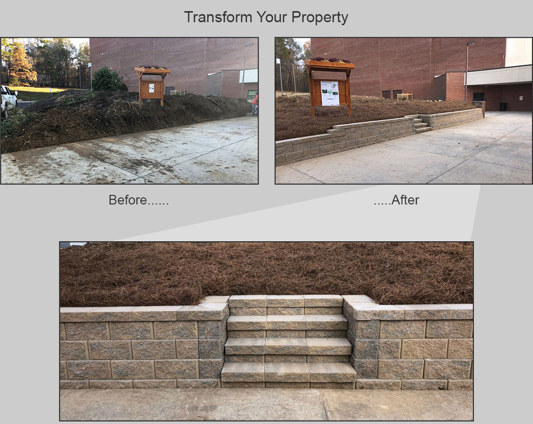 Before and after retainer wall construction.
